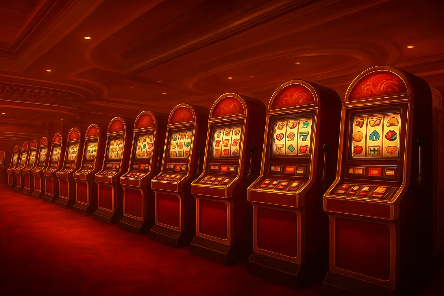 Mosaico de tragaperras iluminadas en rojo y dorado en el lobby de Norsemania